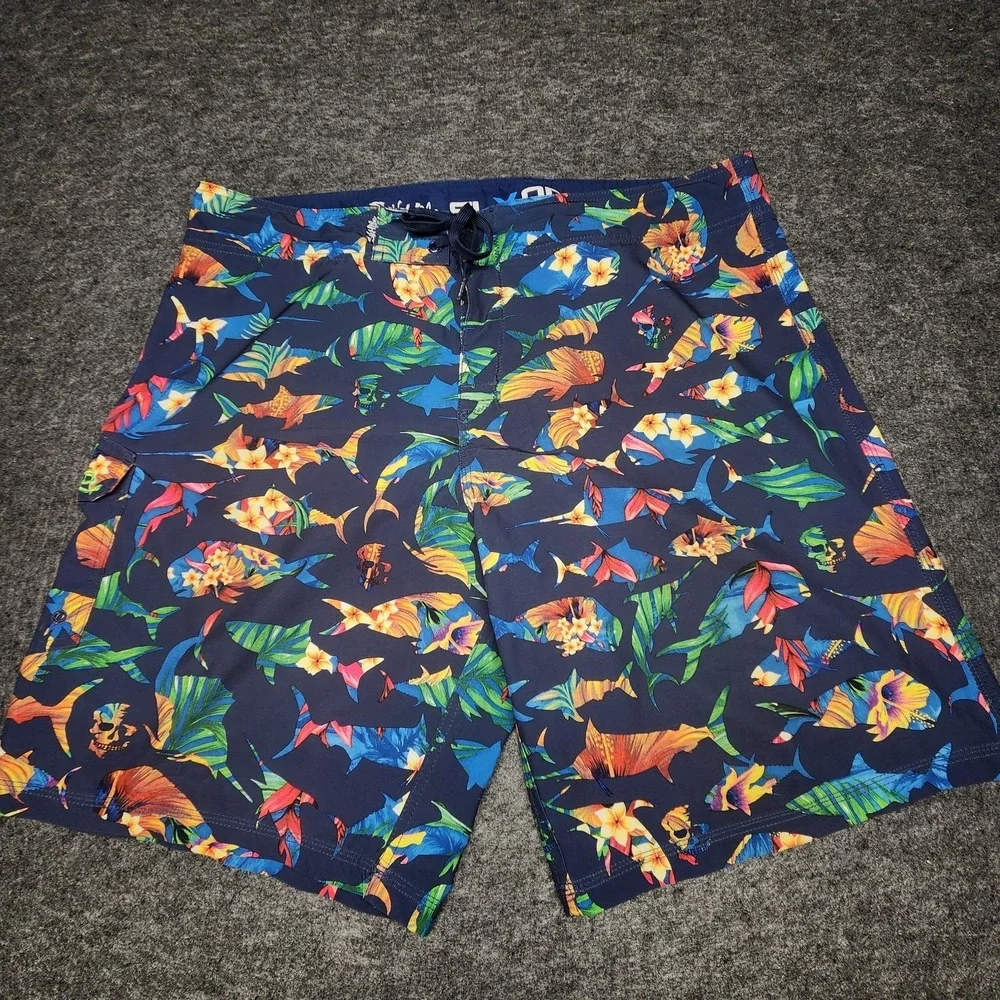 Salt Life Mens SLX-QD Vapor Stretch Cargo Board Swim Shorts Floral Fish Skull 40